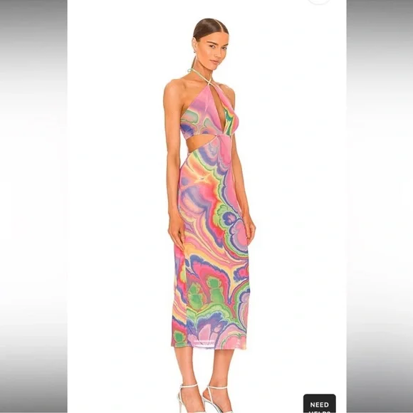 AFRM Tie-Dye Pink and Yellow Abstract Bodycon Halter Tessa Mesh Midi Dress Small - Picture 3 of 13